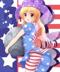  american_flag american_flag_dress american_flag_legwear ass blonde_hair carrying clownpiece fairy_wings fat_mons hat highres jester_cap liya long_hair moon open_mouth pantyhose red_eyes smile solo touhou very_long_hair wings 