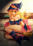  1girl ass bare_legs bed blonde_hair blush boots breasts dark_magician_girl esunoji female green_eyes hat large_breasts legs long_hair looking_at_viewer necklace smile staff underwear wizard_hat yu-gi-oh! 