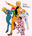  bare_shoulders beanie blonde_hair blue_eyes closed_eyes dio_brando donatello_versace family giorno_giovanna hat jojo_no_kimyou_na_bouken leaning_forward multiple_boys open_mouth rikiel sleeveless stardust_crusaders stone_ocean ungaro vento_aureo yyy246 