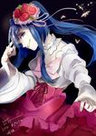  2015 blue_eyes blue_hair bow choker dated dress flower furudo_erika grin hair_flower hair_ornament rose skirt_hold smile sofy solo twintails umineko_no_naku_koro_ni wide_sleeves 