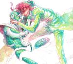  gakuran hierophant_green jojo_no_kimyou_na_bouken kakyouin_noriaki multiple_boys red_hair school_uniform stand_(jojo) traditional_media ura_(mukimeineko) watercolor_(medium) 