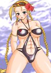  abs ahoge antenna_hair armlet arms_behind_back bikini black_bikini blonde_hair blue_eyes blush braid breasts cammy_white cleavage collarbone cowboy_shot earrings eyewear_on_head fat_mons flower hair_flower hair_ornament halterneck hibiscus highres huge_ahoge jewelry large_breasts lips long_hair parted_lips sakkun scar solo street_fighter sunglasses swimsuit thick_thighs thighs twin_braids underboob 