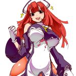  bare_shoulders blush breasts commentary_request cross gloves hat huge_breasts kuma_(kumakuma5) la_pucelle long_hair looking_at_viewer pantyhose prier red_eyes red_hair sketch smile solo thighs 