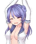  absurdres armpits arms_up blue_hair breasts cleavage closed_eyes collarbone crying detached_sleeves double_bun highres kantai_collection medium_breasts neit_ni_sei open_clothes open_mouth open_shirt shirt sleeves_rolled_up solo tears trembling unbuttoned urakaze_(kantai_collection) 