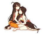  ara_han bad_id bad_pixiv_id barefoot black_hair black_skirt braid breasts choker cleavage dual_persona elsword eyeshadow french_braid full_body half_updo inna kneeling long_hair low-tied_long_hair makeup medium_breasts multiple_girls orange_eyes orange_skirt pleated_skirt sakra_devanam_(elsword) skirt smile white_background yama_raja_(elsword) 