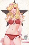  1girl bare_shoulders blonde_hair blush breasts cleavage gradient gradient_background hairband honey_(space_dandy) jonathan_hamilton long_hair navel red_eyes smile solo space_dandy standing swimsuit tsuaii 