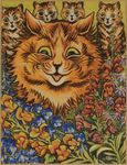  age_difference ambiguous_gender brown_border brown_fur cat cub feline feral flower fur group hi_res license_info louis_wain mammal open_mouth painting_(artwork) plant public_domain size_difference smile solo_focus traditional_media_(artwork) whiskers yellow_eyes young 