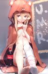  absurdres animal_print bear_panties bear_print blonde_hair blush breasts brown_eyes cameltoe cloak coca-cola doma_umaru feet front-print_panties highres himouto!_umaru-chan hood hooded_cloak kentllaall knees_up long_hair open_mouth panties print_panties single_thighhigh sitting small_breasts solo thighhighs underwear white_legwear white_panties 