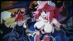  1boy 1girl bare_shoulders blush breasts demon horns la_pucelle large_breasts long_hair navel open_mouth red_eyes red_hair smile 
