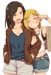  arm_hug belt black_hair blonde_hair blue_shirt bracelet breasts brown_jacket cleavage closed_eyes collarbone cowboy_shot denim denim_shorts fingernails fujimoto_rina grin groin hands_in_pockets idolmaster idolmaster_cinderella_girls jacket jewelry kyouno long_hair midriff mukai_takumi multiple_girls off_shoulder open_mouth shirt short_shorts shorts small_breasts smile tank_top v v_over_eye yuri 