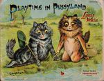  ambiguous_gender brown_fur cat duo english_text feline fishing fishing_rod fluffy fur grass grey_fur hi_res holding kneeling license_info licking licking_lips looking_down louis_wain mammal net official_art open_mouth outside public_domain reclining semi-anthro text tongue tongue_out tree water whiskers yellow_eyes 