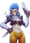  1girl blue_hair breasts cleavage erect_nipples lena_oxton navel overwatch paul_kwon red_eyes short_hair simple_background smile solo standing tracer_(overwatch) zeronis 