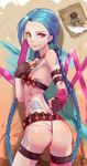  absurdres adapted_costume ammunition ass blue_hair braid breasts bullet cloud fingerless_gloves from_behind gloves hand_on_own_chest heihei_de_hei_yan_long highleg highleg_panties highres jinx_(league_of_legends) league_of_legends long_hair looking_at_viewer panties panty_lift parted_lips pink_eyes single_thighhigh small_breasts smirk solo tattoo thighhighs thong twin_braids underwear very_long_hair 