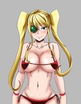  1girl bikini blonde_hair blue_eyes blush breasts cleavage female grin hakodate_omiko kill_la_kill large_breasts long_hair looking_at_viewer navel scope simple_background smile solo swimsuit twintails 