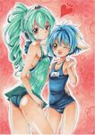  animal_ears blue_hair brown_eyes casual_one-piece_swimsuit galaxy_angel green_hair highres mary0524 mint_blancmanche multiple_girls one-piece_swimsuit one_eye_closed ponytail red_eyes school_swimsuit swimsuit traditional_media vanilla_h 