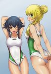 arms_up ass black_hair blonde_hair braid brand_name_imitation breasts carpaccio competition_swimsuit girls_und_panzer green_eyes large_breasts looking_at_viewer looking_away medium_breasts multiple_girls one-piece_swimsuit open_mouth pepperoni_(girls_und_panzer) protected_link red_eyes side_braid solokov_(okb-999) swimsuit 