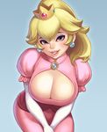  bad_id bad_pixiv_id blonde_hair blue_eyes breasts cleavage_cutout crown dress earrings elbow_gloves eyelashes eyeliner eyeshadow gloves jewelry large_breasts leaning_forward lips looking_at_viewer makeup maou_alba mario_(series) mini_crown parted_lips pink_dress princess_peach puffy_sleeves smile solo super_mario_bros. v_arms white_gloves 