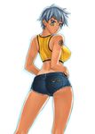  ass bang-you breasts cutoffs denim denim_shorts from_behind highres large_breasts looking_back parted_lips short_hair short_shorts shorts simple_background solo tan tanline 