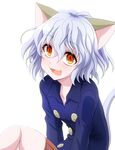  animal_ears blush cat_ears cat_girl cat_tail commentary_request curly_hair doll_joints fang highres hunter_x_hunter looking_at_viewer neferpitou open_mouth orange_eyes short_hair smile solo tail watarui white_background 