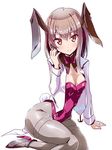  bow bowtie brown_eyes brown_hair bunny_tail bunnysuit coat detached_collar kantai_collection miuku_(marine_sapphire) pantyhose sitting solo taihou_(kantai_collection) tail wrist_cuffs yokozuwari 