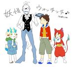  amano_keita animal_ears bell blue_lips chouko_(waru) double-breasted furoshiki hand_on_hip hood hoodie jacket jibanyan komasan multiple_boys multiple_tails open_clothes open_jacket open_mouth personification ponytail sandals short_hair tabi tablet_pc tail whisper_(youkai_watch) white_hair white_skin yellow_sclera youkai_pad youkai_watch 