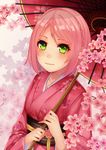  1girl absurdres artist_request bangs blush braid character_name cherry_blossoms collarbone facial_mark floral_print flower forehead_mark green_eyes haruno_sakura highres holding japanese_clothes kimono light_smile looking_at_viewer naruka_kunzo naruto naruto_shippuuden obi oriental_umbrella pink_hair sakura sash short_hair single_braid smile solo umbrella upper_body 