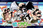  albert_w_wily bald blue_eyes character_name explosion facial_hair grey_hair labcoat male_focus mike_luckas mustache necktie rockman signature solo watermark web_address 