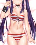  ass_visible_through_thighs bikini breasts cameltoe choker cowboy_shot cross dakimakura ebisuzawa_kurumi fang front-tie_top gakkou_gurashi! head_out_of_frame long_hair navel okina_ika purple_hair sidelocks small_breasts smile solo striped striped_bikini swimsuit twintails 