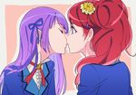  2girls aikatsu! hikami_sumire incipient_kiss kurebayashi_juri multiple_girls negom red_hair simple_background yuri 