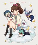  2girls bad_id bad_pixiv_id blue_lips blush brown_eyes brown_hair cat closed_eyes cloud copyright_name crescent cup cyclops fuumin_(youkai_watch) ghost green_hair handheld_game_console high_ponytail jetpack kippu kodama_fumika long_hair looking_at_viewer lying mug multiple_girls multiple_tails nintendo_3ds notched_ear on_stomach one-eyed open_mouth pendant_watch purple_skin rivets robonyan robot shorts simple_background sitting star tail tetsuya_(youkai_watch) two_tails watch whisper_(youkai_watch) yellow_eyes youkai youkai_watch youkai_watch_(object) 