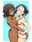  annoyed ass ass_grab bikini black_hair black_hood blue_eyes breast_press breasts brown_eyes brown_hair cross cross_necklace dark_skin earrings embarrassed frown glasses grabbing_another's_ass grin groping hair_over_one_eye interracial jewelry kamezaemon kasshoku_kyonyuu_megane-san_(kamezaemon) lowleg lowleg_bikini multicolored_hair multiple_earrings multiple_girls necklace original red-framed_eyewear red_bikini smile sweatdrop swimsuit symmetrical_docking thong thong_bikini two-tone_hair white_hair yellow_bikini yuri 