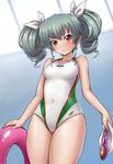  anchovy competition_swimsuit girls_und_panzer goggles goggles_removed grey_hair innertube long_hair one-piece_swimsuit protected_link red_eyes solo solokov_(okb-999) standing swim_cap swim_cap_removed swimsuit twintails 