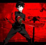  black_hair blood blood_on_face blood_splatter copyright_name english gakuran gloves hair_over_one_eye hat highres kamezaemon male_focus original peaked_cap red_background red_gloves room_number_404 school_uniform simple_background solo sword takamura_kyousuke telephone_pole weapon 