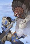 absurdres armor ass battle highres hone_shoukan monster original sword weapon 