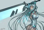  aqua_eyes aqua_hair ariverkao armor arms_up ass breasts cleavage dated energy_sword glowing headgear huge_weapon large_breasts leotard long_hair looking_at_viewer mecha_musume metal_gloves original signature silver_hair solo sword very_long_hair weapon 