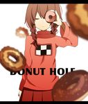  blurry braid brown_hair closed_eyes depth_of_field donut_hole_(vocaloid) doughnut food hair_over_shoulder komadori_ui letterboxed long_hair long_sleeves madotsuki old-fashioned_doughnut parody pink_shirt pon_de_ring red_skirt shirt skirt solo twin_braids vocaloid white_background yume_nikki 