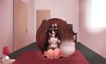  2015 anthro bed bedroom black_hair blush bra breasts cat chick clothing cute door feline female feral green_eyes hair higgyy kneeling lamp legwear mammal nipples remmmy solo stockings underwear 