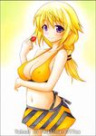  bikini bikini_skirt blonde_hair braid breasts charlotte_dunois covered_nipples food fruit infinite_stratos large_breasts long_hair nightmare77zx purple_eyes solo strawberry swimsuit traditional_media 