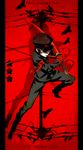  absurdres artist_name black_hair blood blood_on_face copyright_name gakuran gloves hair_over_one_eye hat highres kamezaemon male_focus mouth_hold original peaked_cap red_background red_eyes red_gloves room_number_404 school_uniform shaded_face shadow simple_background solo sword takamura_kyousuke weapon 