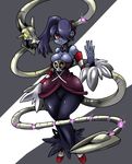  1girl blue_hair blue_skin breasts cleavage hair_over_one_eye red_eyes simple_background skullgirls squigly_(skullgirls) stitched_mouth striped_background zombie 