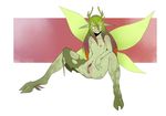  abstract_background anthro antlers anus arbuzbudesh biting_lip breasts clothing fairy freckles glowing glowing_eyes green_eyes green_hair hair hooves horn long_hair looking_at_viewer multicolored_hair nude pubes pussy red_hair small_breasts smile torn_clothing wings 