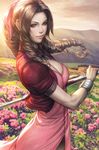  aerith_gainsborough bow braid breasts brown_hair cleavage dress field final_fantasy final_fantasy_vii flower flower_field green_eyes hair_bow highres large_breasts light_smile lips long_hair mountain pink_dress polearm signature solo staff stanley_lau sunlight weapon wrist_cuffs 