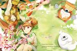  1girl :3 blurry brown_eyes brown_hair cat cherry_blossoms closed_eyes cover cover_page depth_of_field doujin_cover from_above ghost grass haramaki jibanyan kodama_fumika long_hair multiple_tails neko_ni_chikyuu notched_ear oogama_(youkai_watch) outdoors pendant_watch ponytail purple_lips tail two_tails watch whisper_(youkai_watch) youkai youkai_watch youkai_watch_(object) 