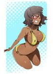  bikini breasts brown_eyes brown_hair cleavage covered_nipples cowboy_shot cropped_legs curvy dark_skin glasses halftone halftone_background highres kamezaemon kasshoku_kyonyuu_megane-san_(kamezaemon) large_breasts original red-framed_eyewear smile solo swimsuit 