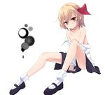  arai_togami bare_shoulders blonde_hair brown_eyes flat_chest full_body hair_ribbon legs looking_at_viewer mary_janes off_shoulder open_clothes open_shirt ribbon rumia shirt shoes short_hair sitting smile socks solo touhou white_background 