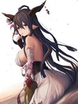  antenna_hair bandaged_arm bandages bare_back blood bloody_clothes bloody_dress breasts crescent danua draph dress finger_to_mouth fingerless_gloves gloves granblue_fantasy hair_between_eyes highres horns large_breasts parted_lips pointy_ears red_eyes sideboob sitting solo star yu-ri 