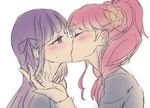  2girls aikatsu! hikami_sumire kiss kurebayashi_juri multiple_girls negom red_hair simple_background yuri 