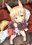  absurdres animal_ears bare_shoulders detached_sleeves fox_ears fox_tail from_above highres japanese_clothes kemonomimi_mode looking_at_viewer nontraditional_miko numahata_tofu. original short_hair sitting solo tail wooden_floor yellow_eyes 
