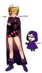  1girl belt blonde_hair boots cape cartoon_network chibi cosplay crossed_arms dc_comics frown full_body hairband hood leotard mandy pigeon666 raven_(dc) raven_(dc)_(cosplay) simple_background solo standing teen_titans the_grim_adventures_of_billy_&amp;_mandy 