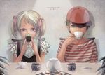  1girl ana_(mother) bad_id bad_pixiv_id baseball_cap blue_eyes brown_hair chair copyright_name cup cupcake drinking eating food hat mother_(game) mother_1 ninten shirt short_twintails sitting striped striped_shirt t-shirt teacup teapot twintails wallpaper white_hair yousuke_(yosk) 